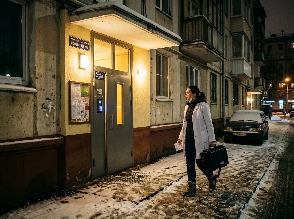 Врач-нарколог в белом халате приезжает к пациенту домой ночью — освещённый подъезд московского дома, медицинский чемодан в руке